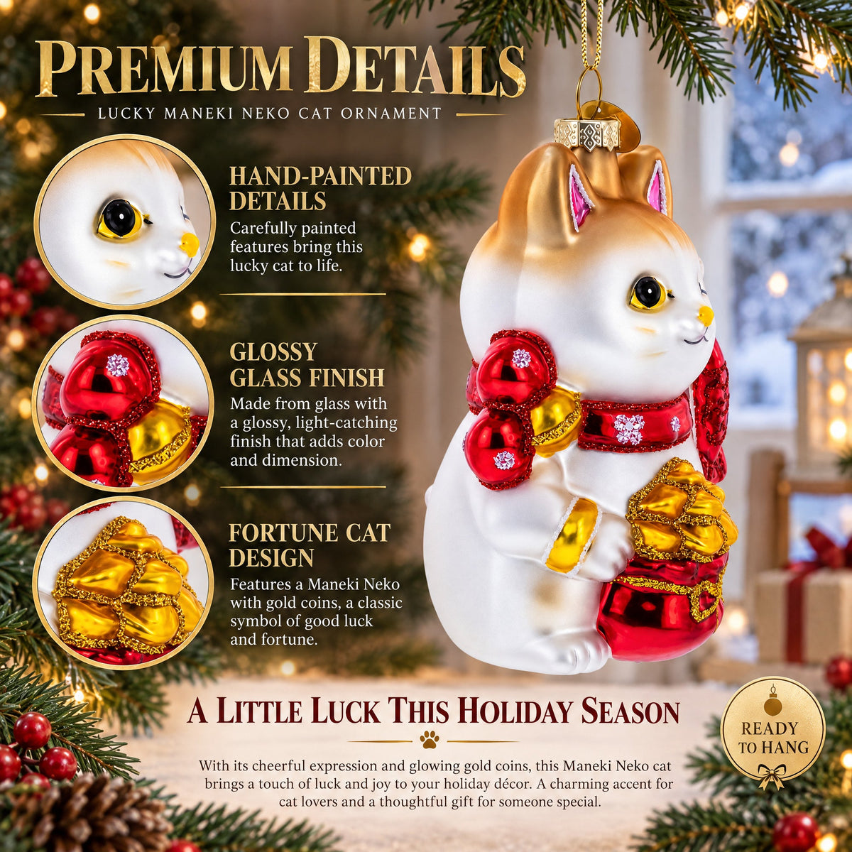 Lucky Maneki Neko Fortune Cat with Gold Coins Glass Christmas Ornament
