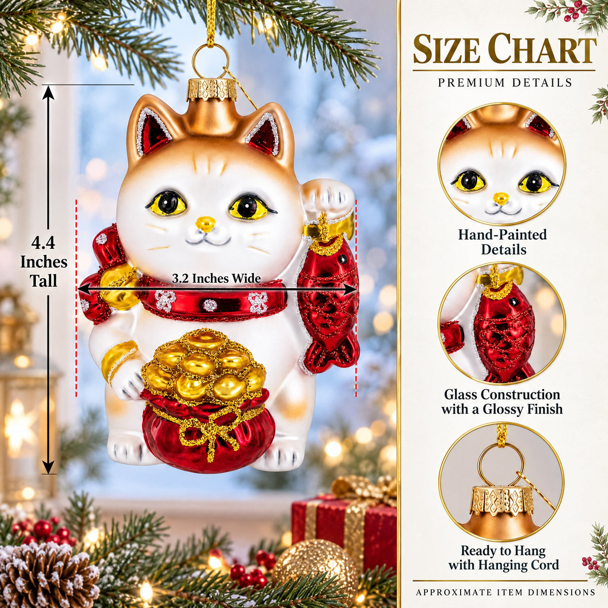 Lucky Maneki Neko Fortune Cat with Gold Coins Glass Christmas Ornament