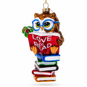 Love to Read Wise Owl with Books Glass Christmas Ornament