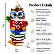 Love to Read Wise Owl with Books Glass Christmas Ornament