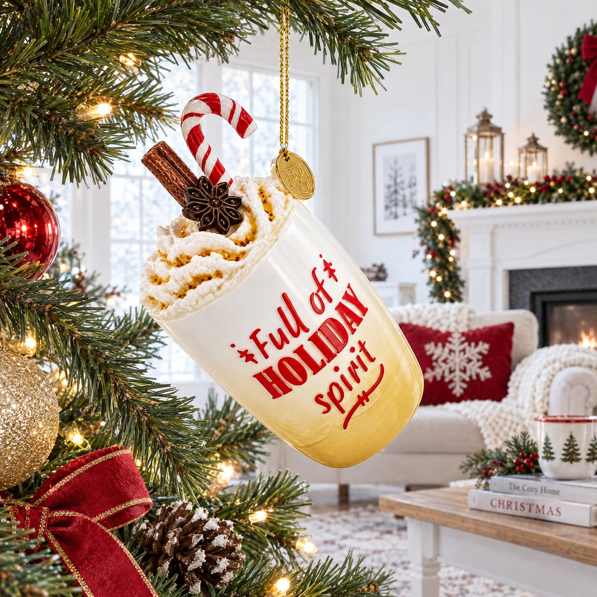 Whipped Cream Holiday Spirit Cocktail Candy Cane Glass Christmas Ornament