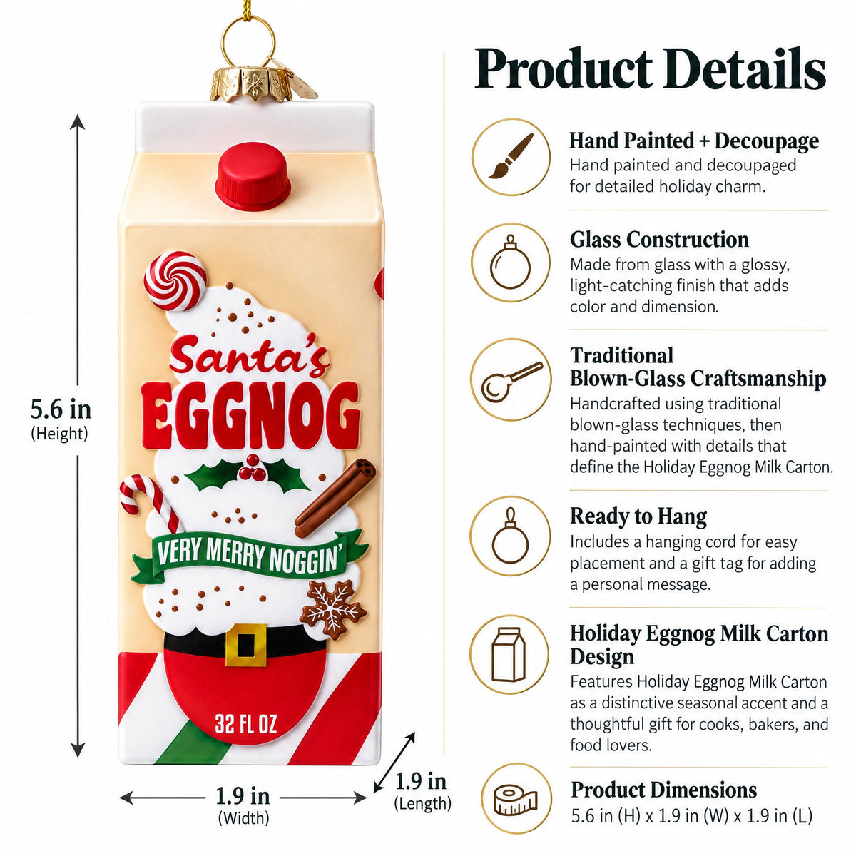 Holiday Eggnog Milk Carton Glass Christmas Ornament