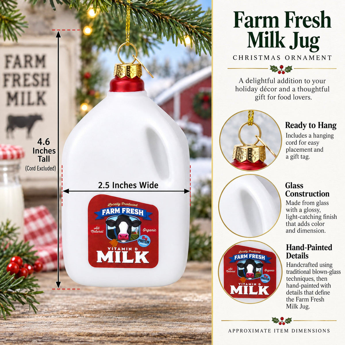 Farm Fresh Milk Jug Glass Christmas Ornament
