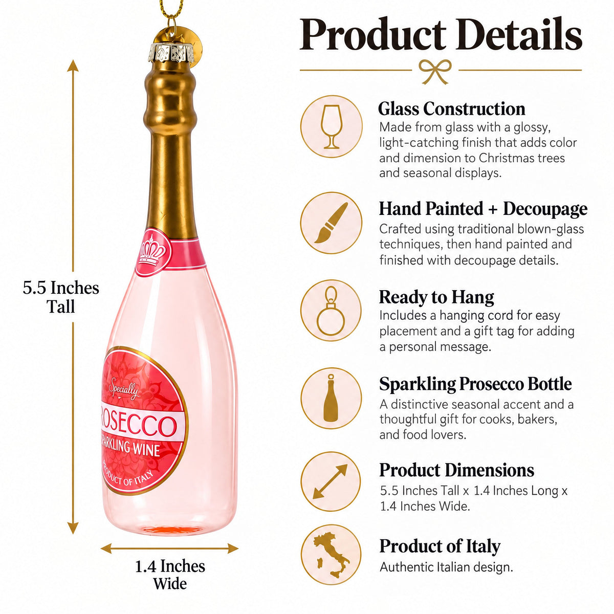 Sparkling Prosecco Bottle Glass Christmas Ornament