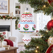Red Flowers and Swirls Glass Christmas Ornament