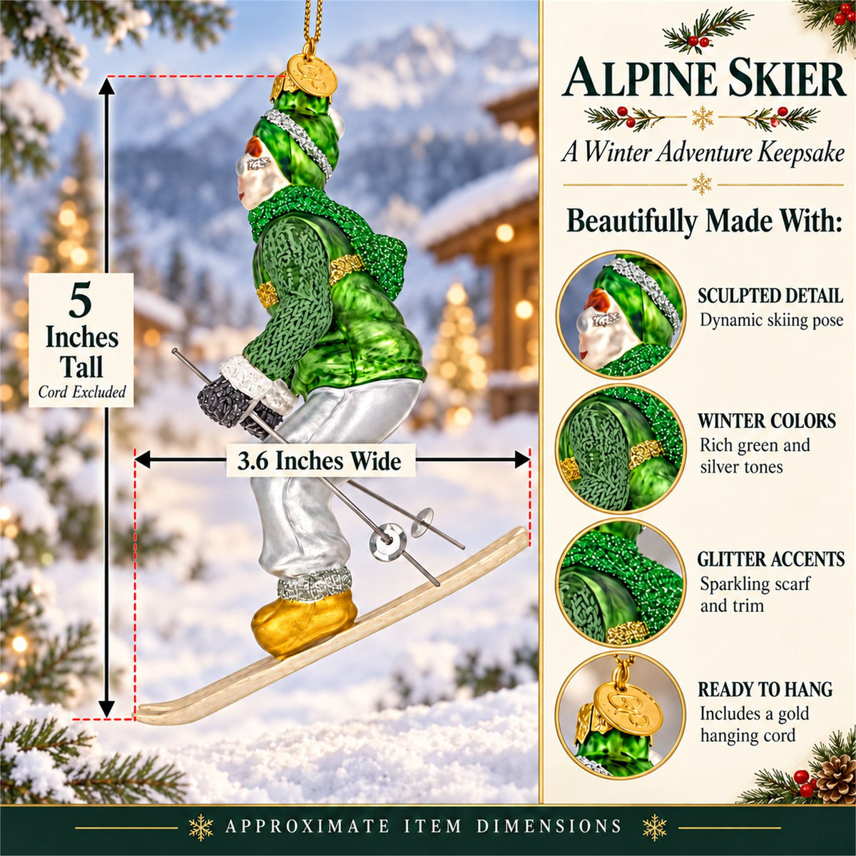 Retro Vintage Skier in Green Vest Glass Christmas Ornament