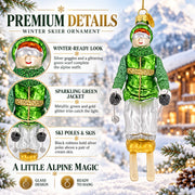 Retro Vintage Skier in Green Vest Glass Christmas Ornament