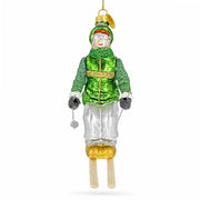 Retro Vintage Skier in Green Vest Glass Christmas Ornament