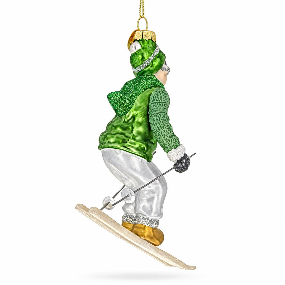 Retro Vintage Skier in Green Vest Glass Christmas Ornament