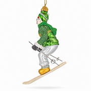 Retro Vintage Skier in Green Vest Glass Christmas Ornament