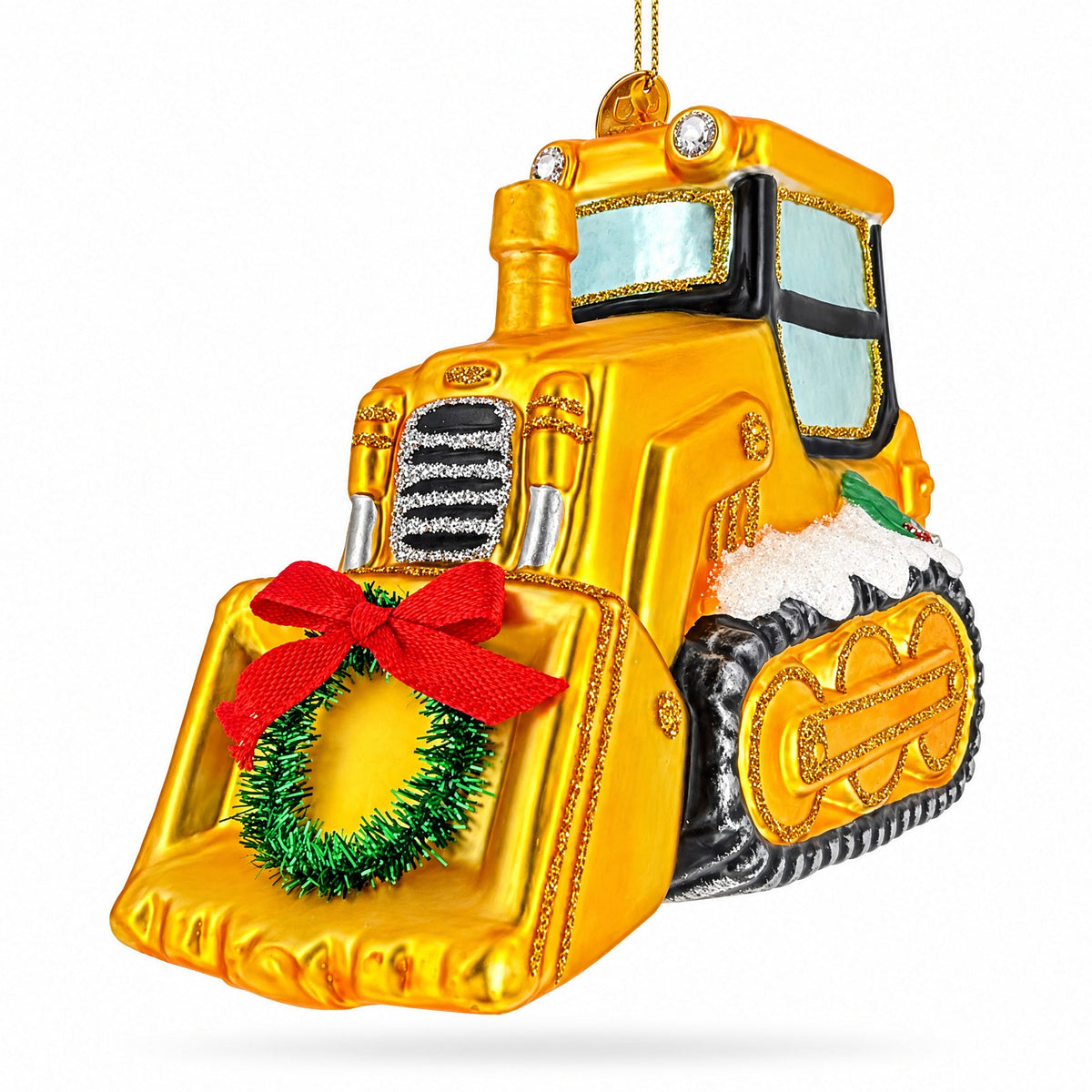Yellow Bulldozer Glass Christmas Ornament