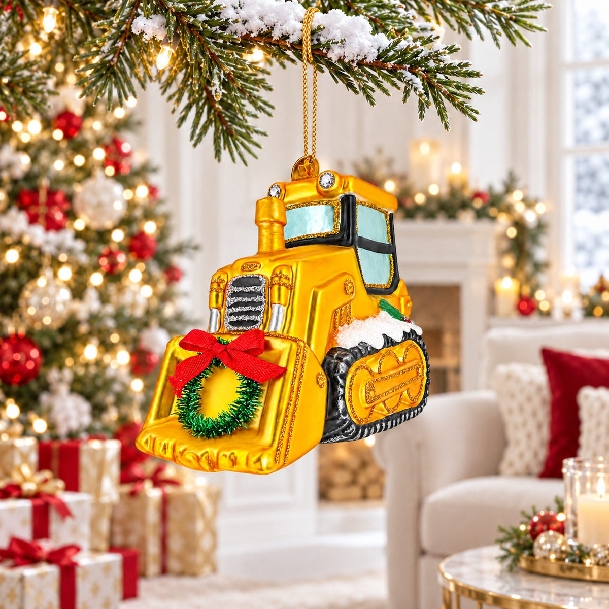 Yellow Bulldozer Glass Christmas Ornament
