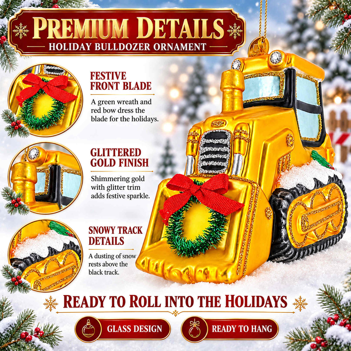 Yellow Bulldozer Glass Christmas Ornament