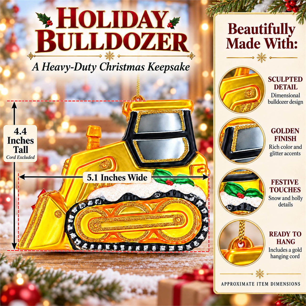 Yellow Bulldozer Glass Christmas Ornament