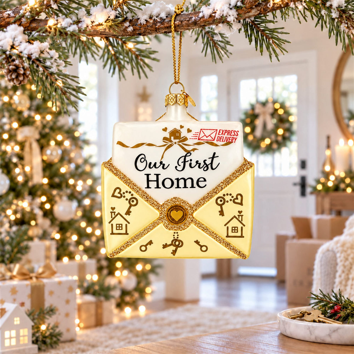 New Homeowner Housewarming Envelope Letter Box Glass Christmas Ornament