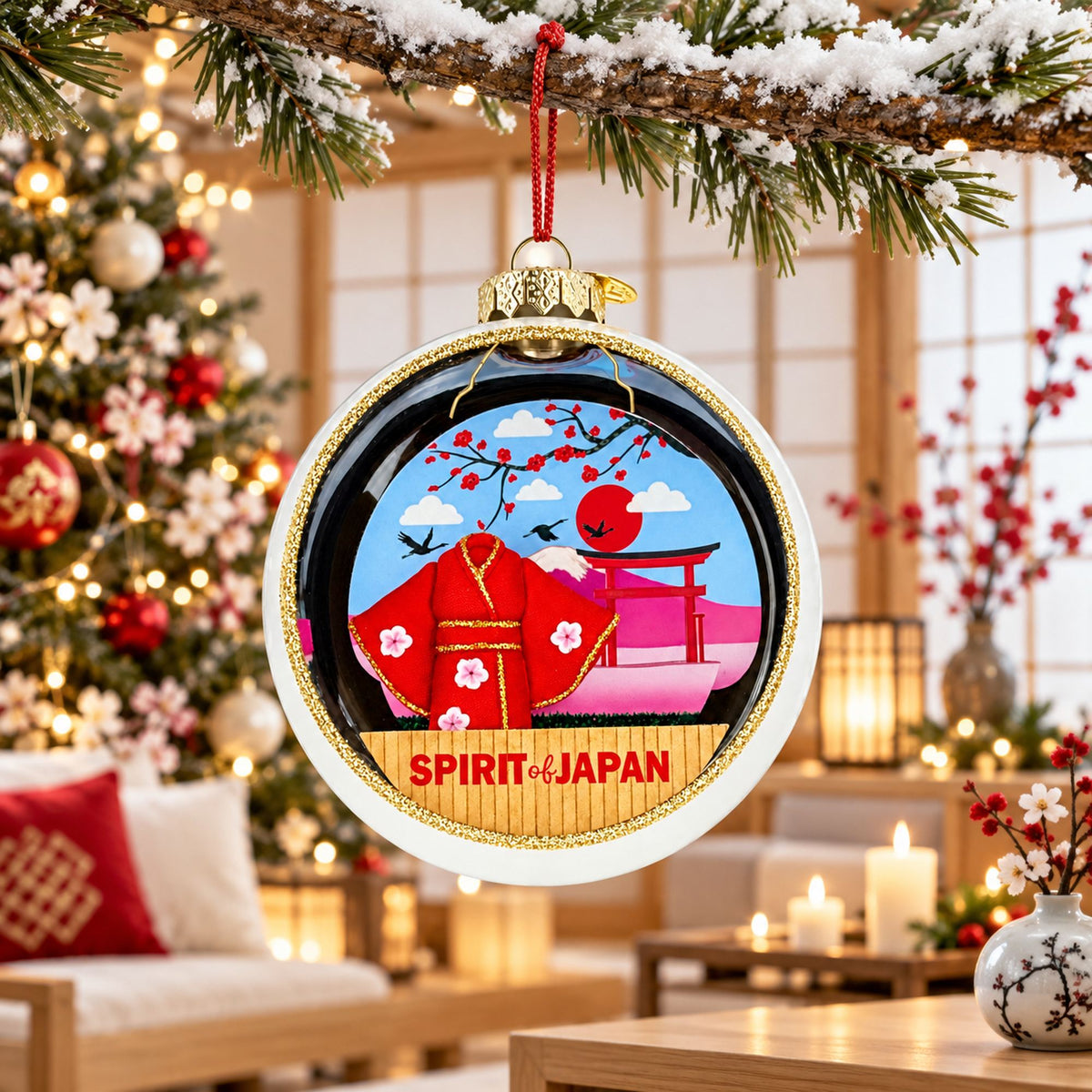 Japan Flag Travel Souvenir Kimono Torii Glass Ball Christmas Ornament