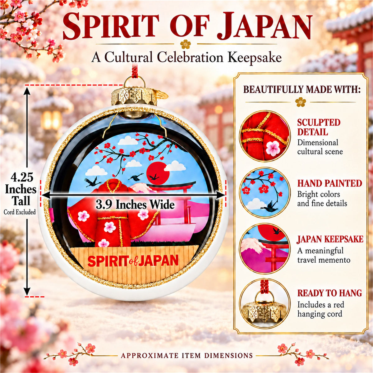 Japan Flag Travel Souvenir Kimono Torii Glass Ball Christmas Ornament