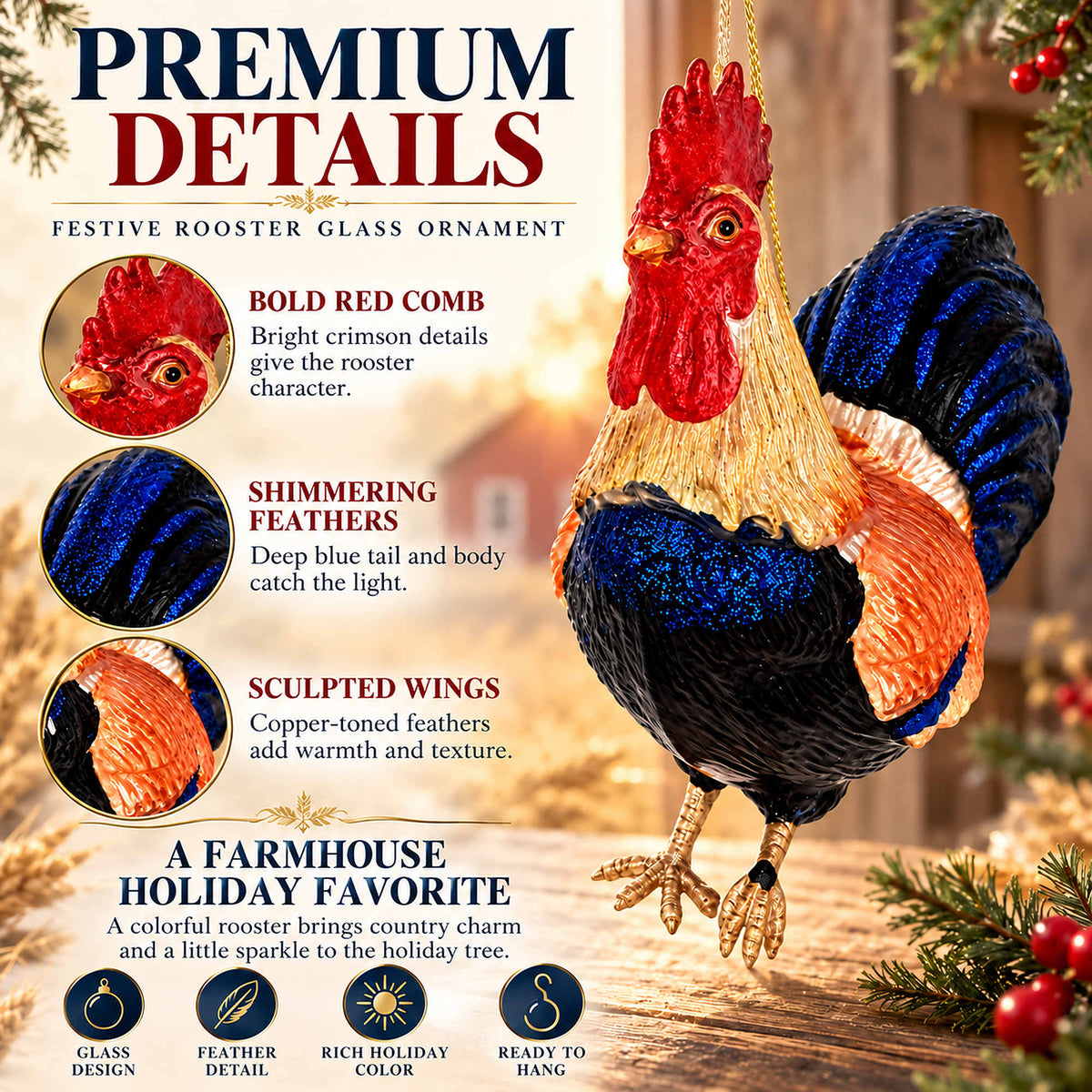 Colorful Glittered Rooster Glass Christmas Ornament