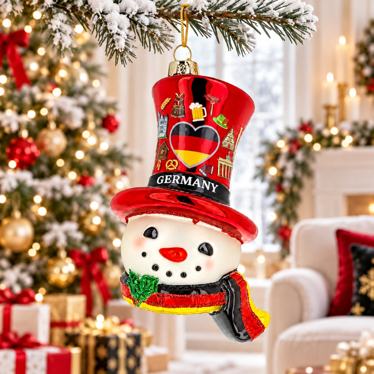 Germany Flag Red Hat Snowman Head Glass Christmas Ornament