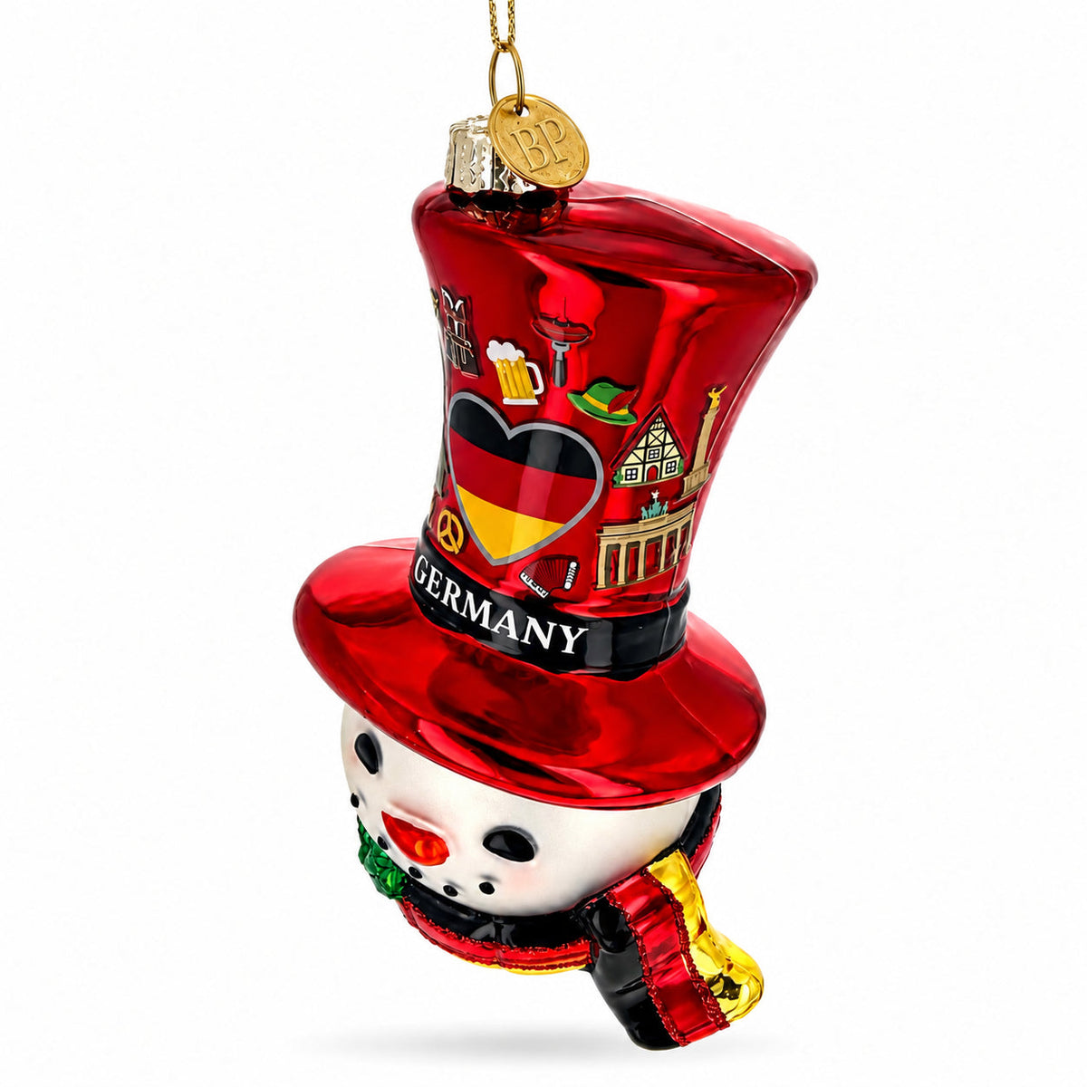 Germany Flag Red Hat Snowman Head Glass Christmas Ornament