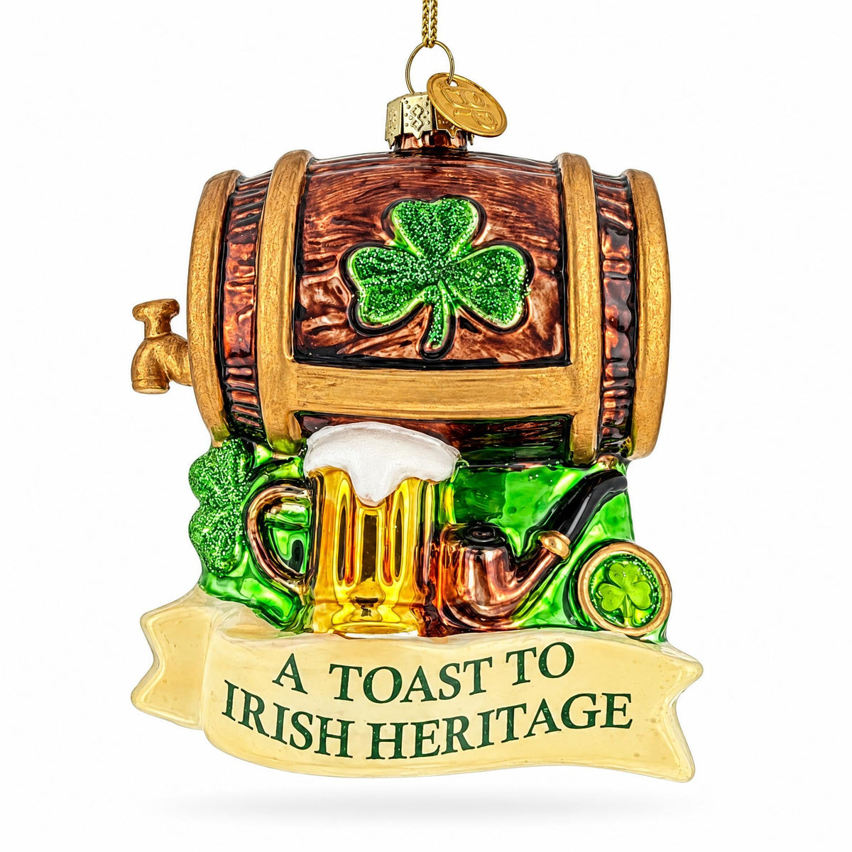 Irish Heritage Shamrock Beer Barrel And Pipe Glass Christmas Ornament