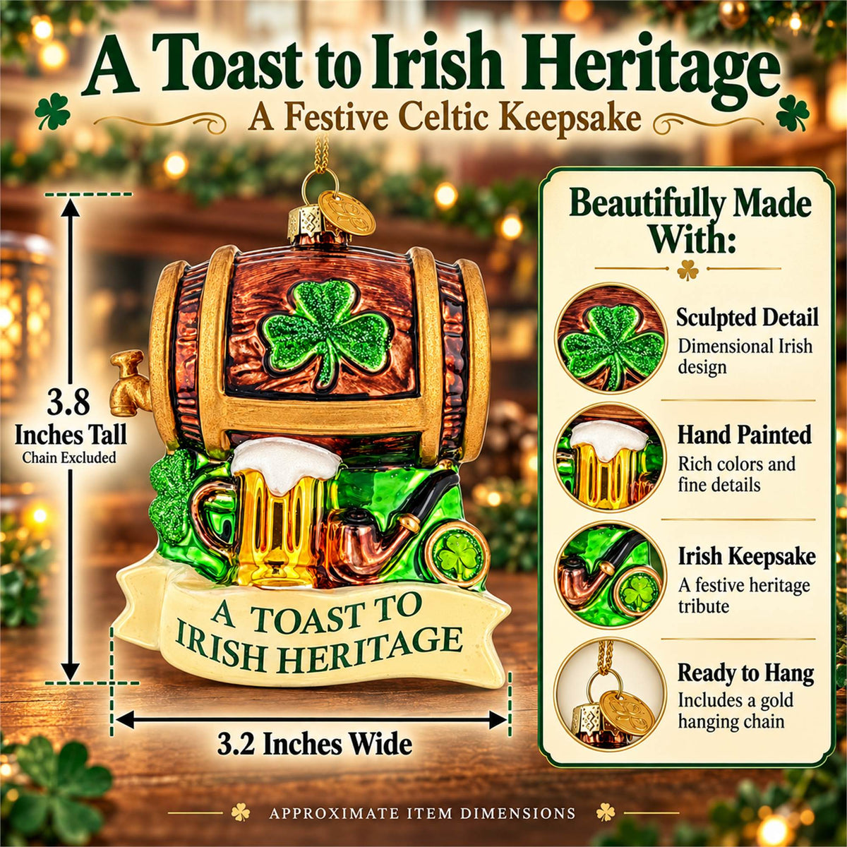 Irish Heritage Shamrock Beer Barrel And Pipe Glass Christmas Ornament