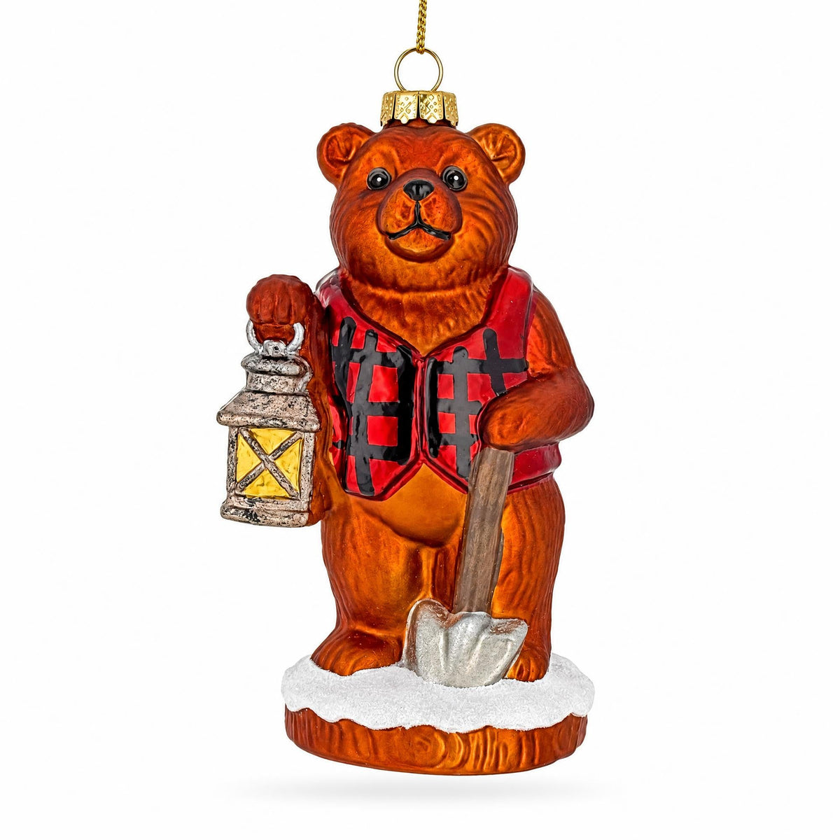 Woodland Brown Bear with Lantern Glass Christmas Ornament
