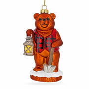 Woodland Brown Bear with Lantern Glass Christmas Ornament