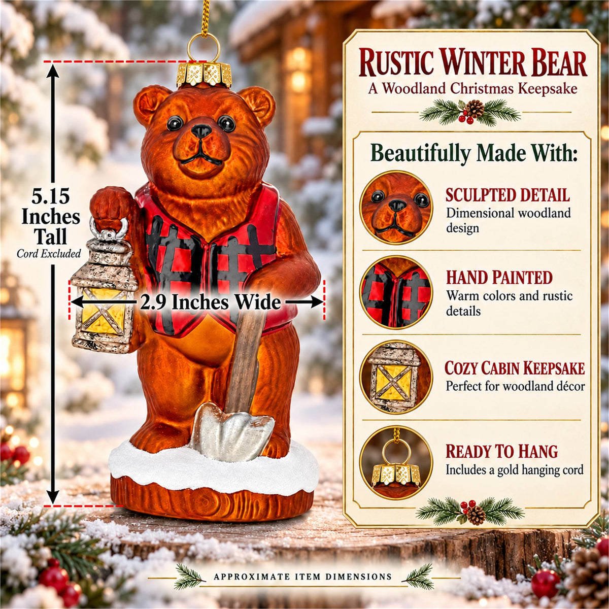 Woodland Brown Bear with Lantern Glass Christmas Ornament