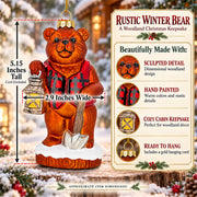 Woodland Brown Bear with Lantern Glass Christmas Ornament