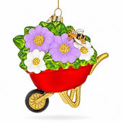 Red Wheelbarrow Bumblebee Spring Flowers Glass Christmas Ornament