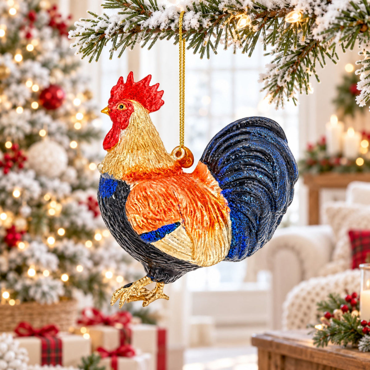 Colorful Glittered Rooster Glass Christmas Ornament