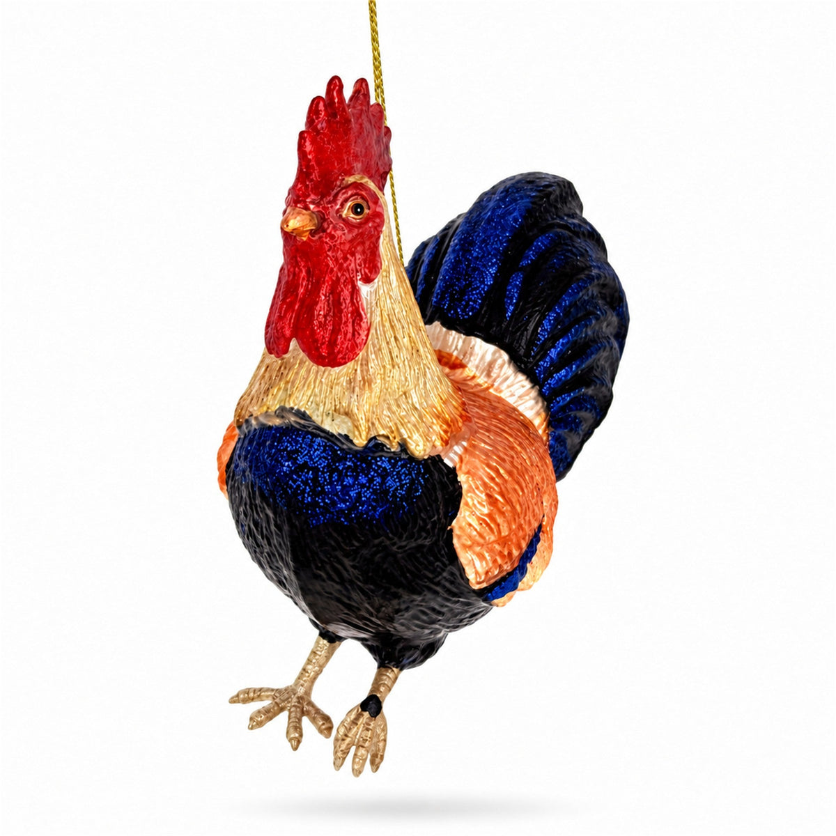 Colorful Glittered Rooster Glass Christmas Ornament