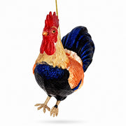 Colorful Glittered Rooster Glass Christmas Ornament