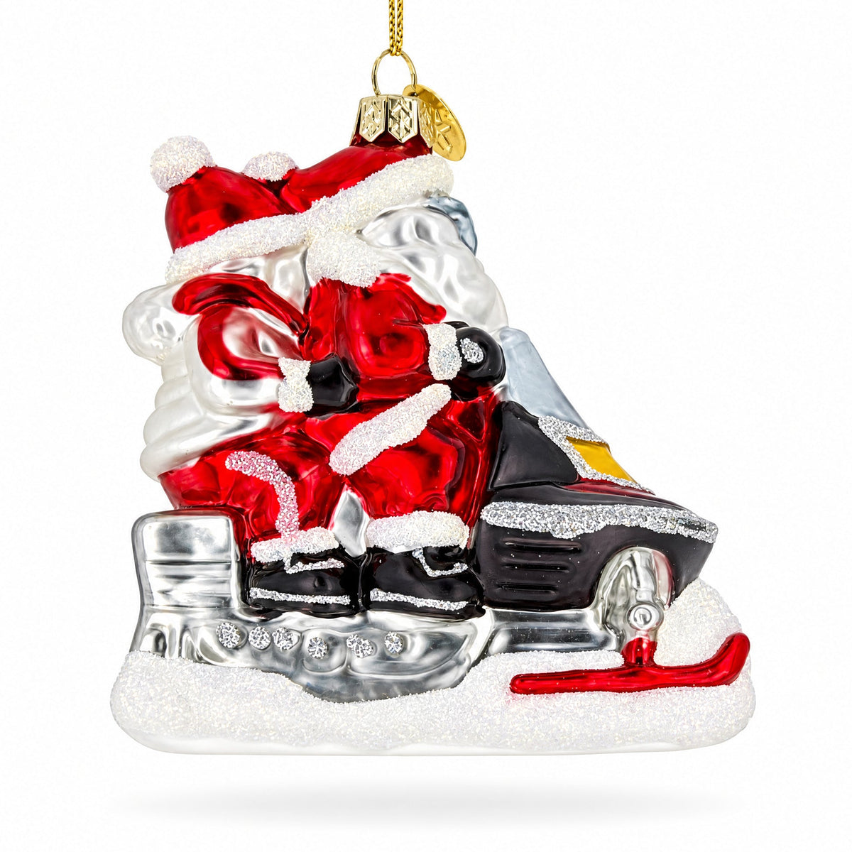 Retro Santa and Mrs. Claus on Snowmobile Glass Christmas Ornament