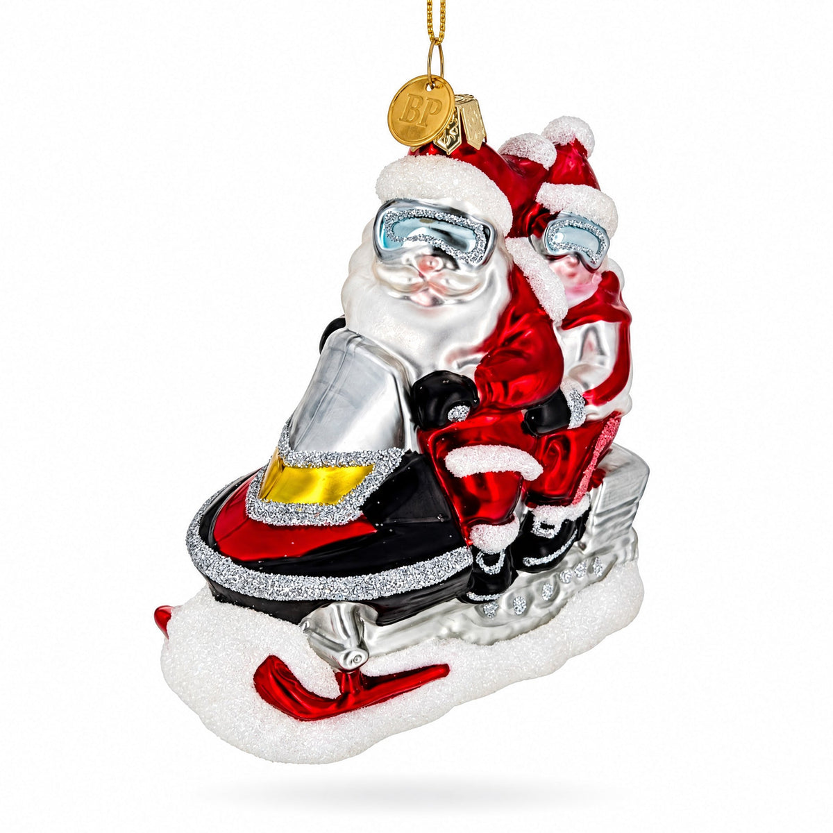 Retro Santa and Mrs. Claus on Snowmobile Glass Christmas Ornament