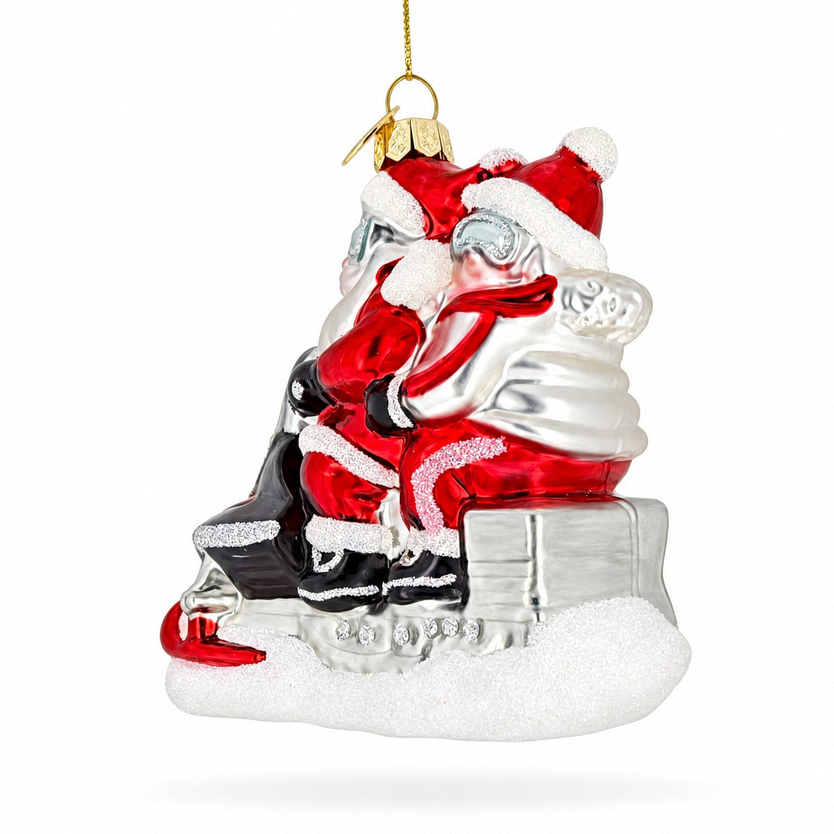 Retro Santa and Mrs. Claus on Snowmobile Glass Christmas Ornament