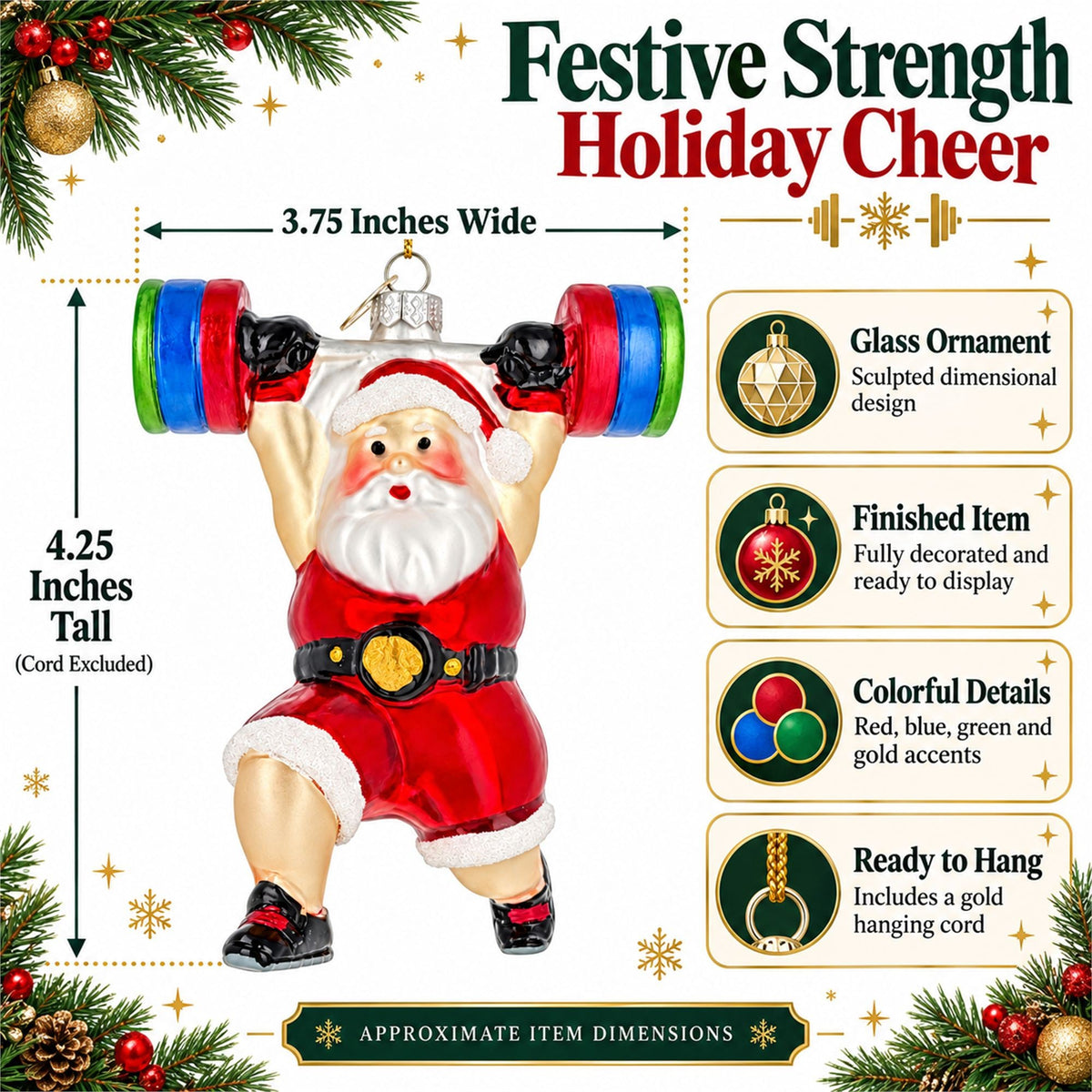 Weightlifting Santa Claus Gym Barbell Glass Christmas Ornament