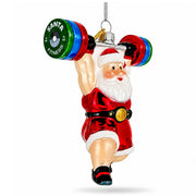 Weightlifting Santa Claus Gym Barbell Glass Christmas Ornament