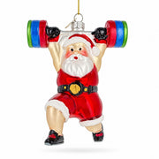 Weightlifting Santa Claus Gym Barbell Glass Christmas Ornament