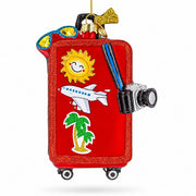 Red Travel Suitcase With Camera And Stickers Glass Christmas Ornament