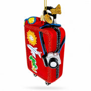 Red Travel Suitcase With Camera And Stickers Glass Christmas Ornament