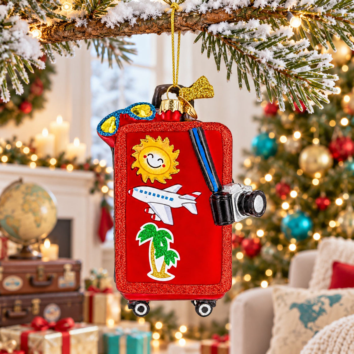 Red Travel Suitcase With Camera And Stickers Glass Christmas Ornament