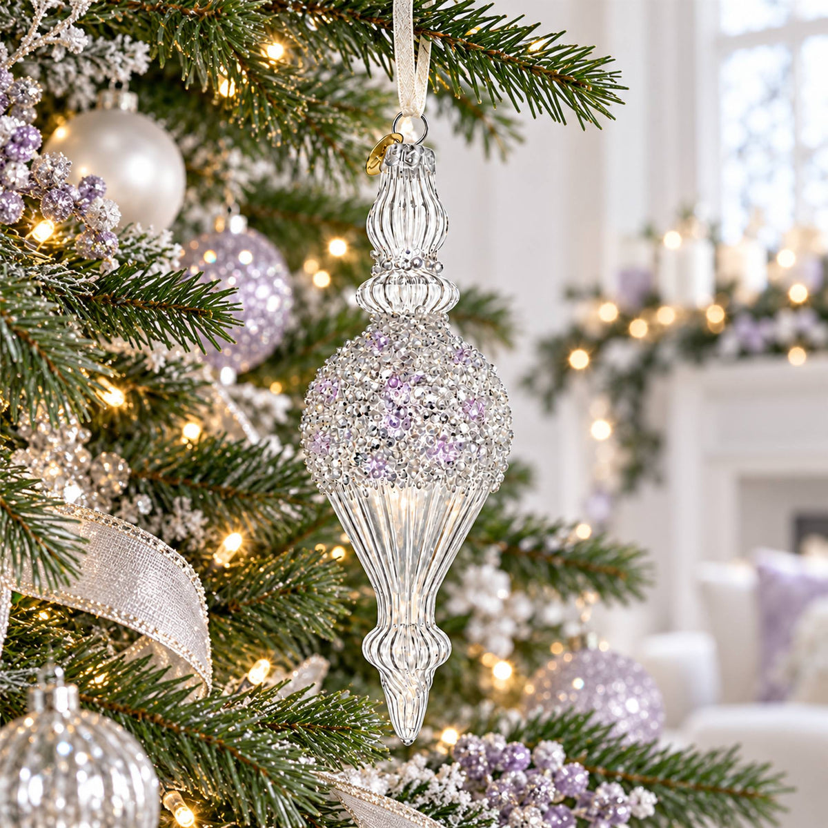 Clear Glass Ribbed Finial With Beaded Top Christmas Ornament