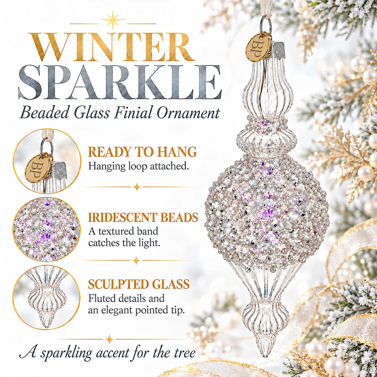 Clear Glass Ribbed Finial With Beaded Top Christmas Ornament