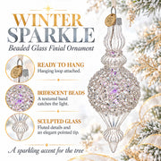 Clear Glass Ribbed Finial With Beaded Top Christmas Ornament