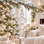 Clear Glass Finial With Frosted Ice Beading Christmas Ornament
