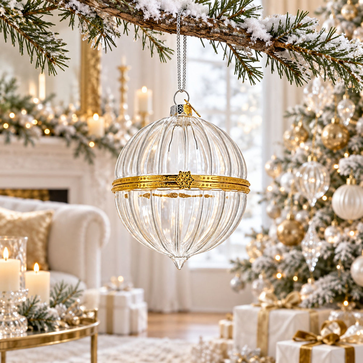 Openable Clear Ribbed Glass Gold Hinge Christmas Ornament