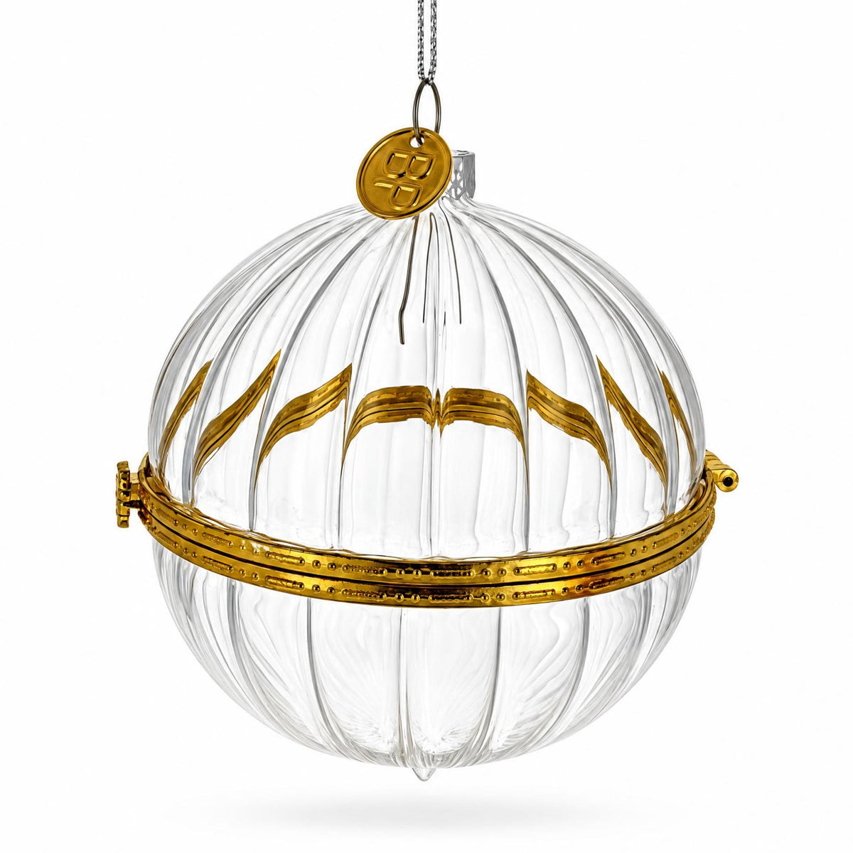 Openable Clear Ribbed Glass Gold Hinge Christmas Ornament