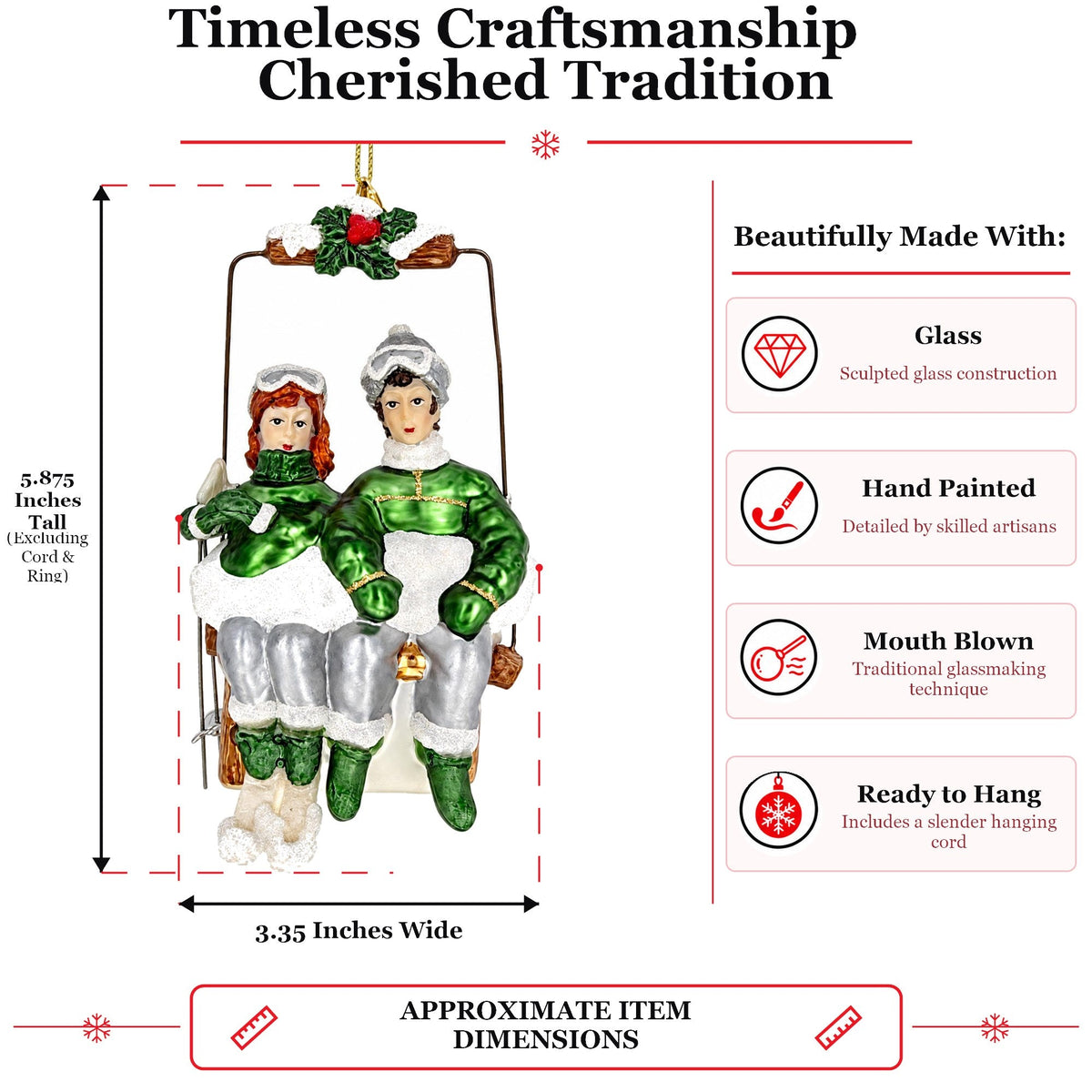 Retro Vintage Ski Lift Couple Glass Christmas Ornament